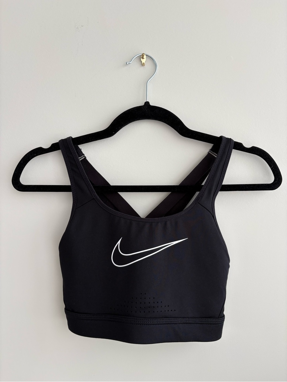 Nike Black Sports Bra with White Swoosh and Cross-Back Straps